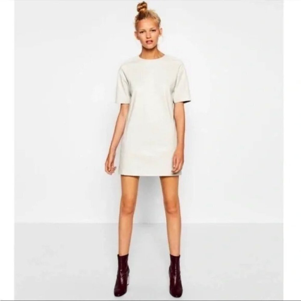 Zara Faux Leather Dress Women's Size Small Cream Off White Retro T-Shirt Mini